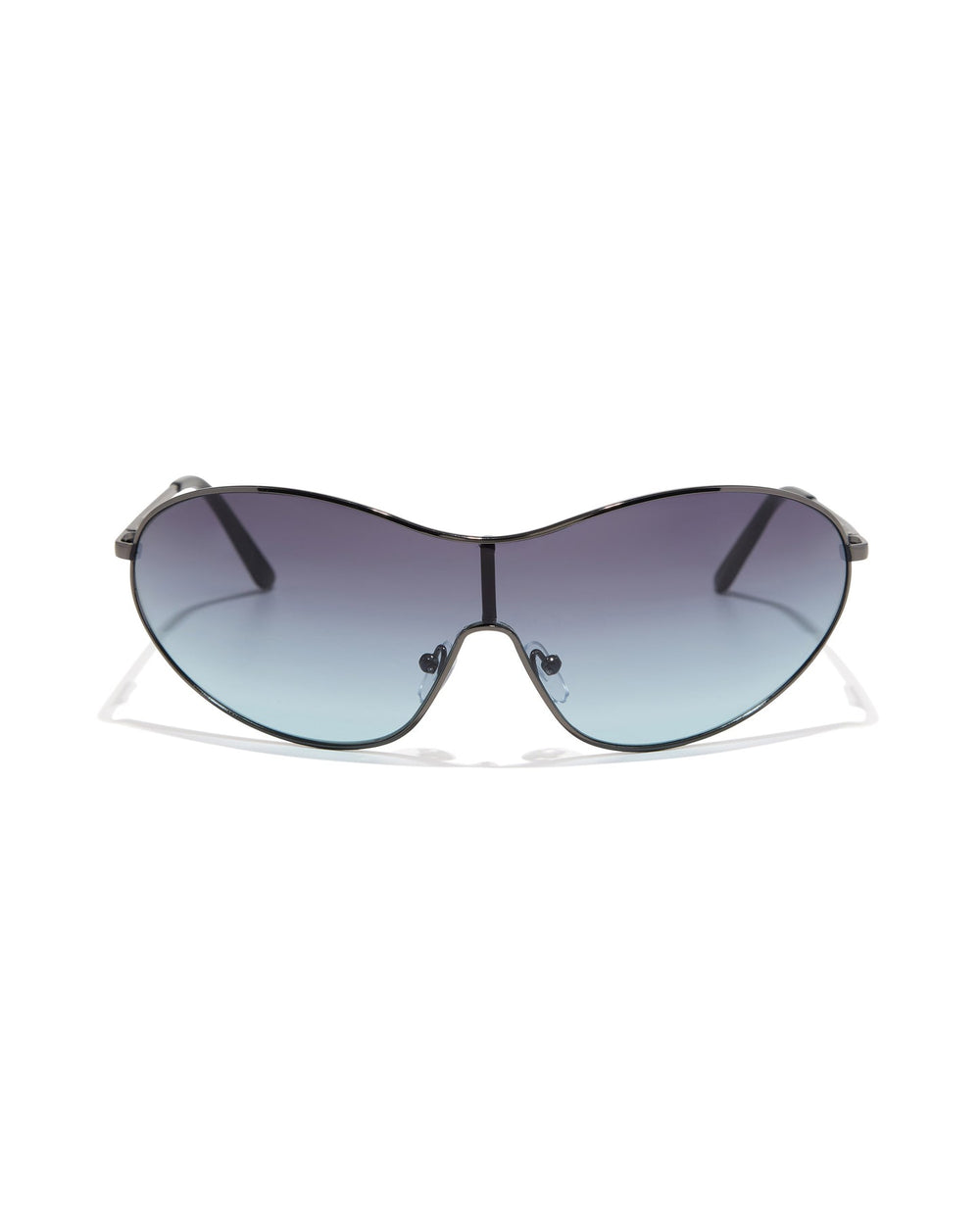 Sunglasses with gradient blue lenses on a white background