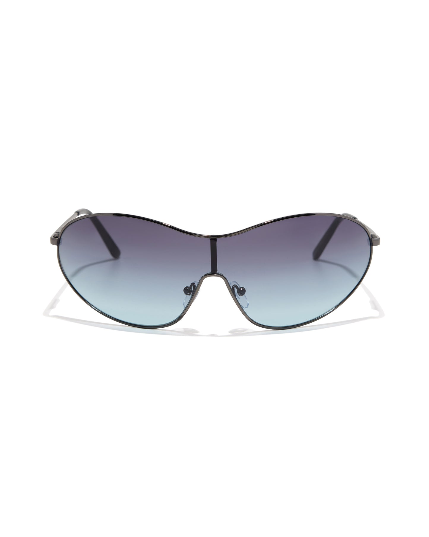 Sunglasses with gradient blue lenses on a white background